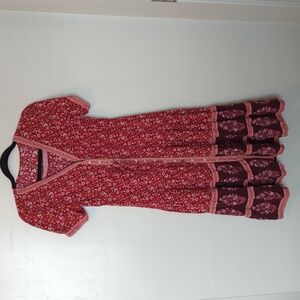 Red Floral Button Short Sleeve Midi Summer Dress M